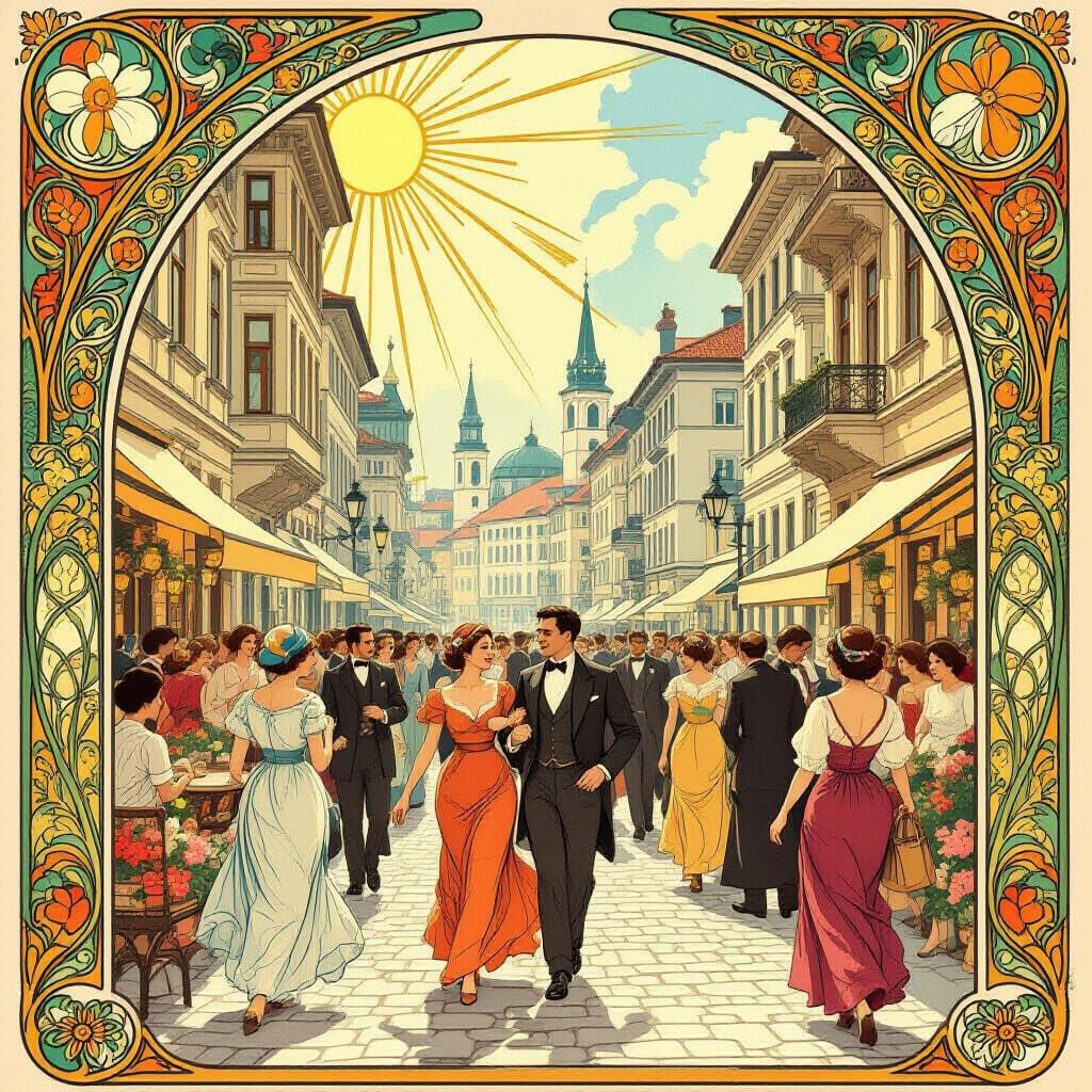 Art Nouveau Belgrade Street Scene with Joyful People