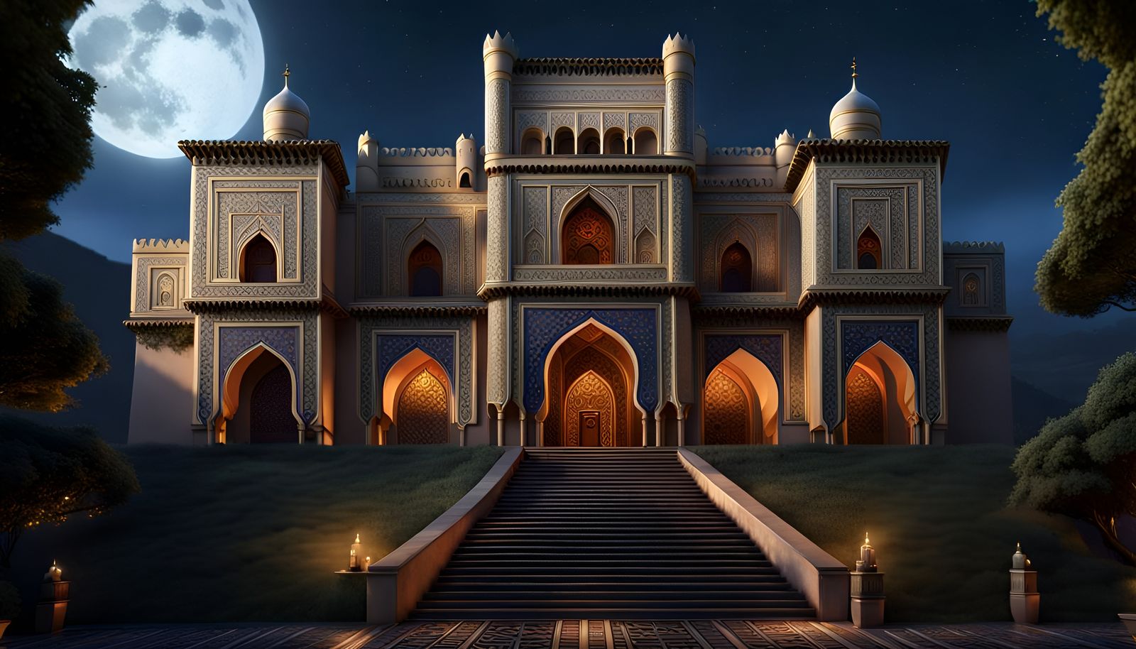 The exterior façade of an Arabian palace at night