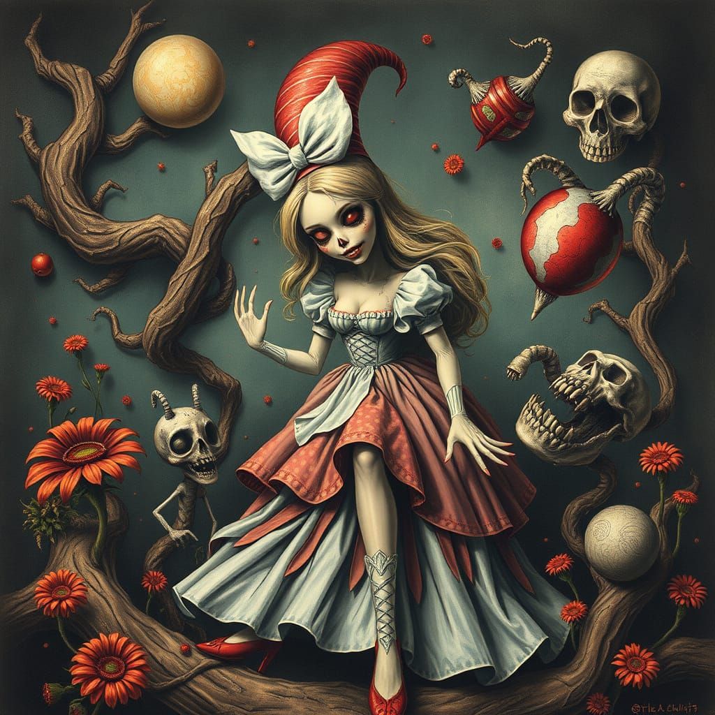 Surreal Wonderland Horror Scene in Grotesque Style