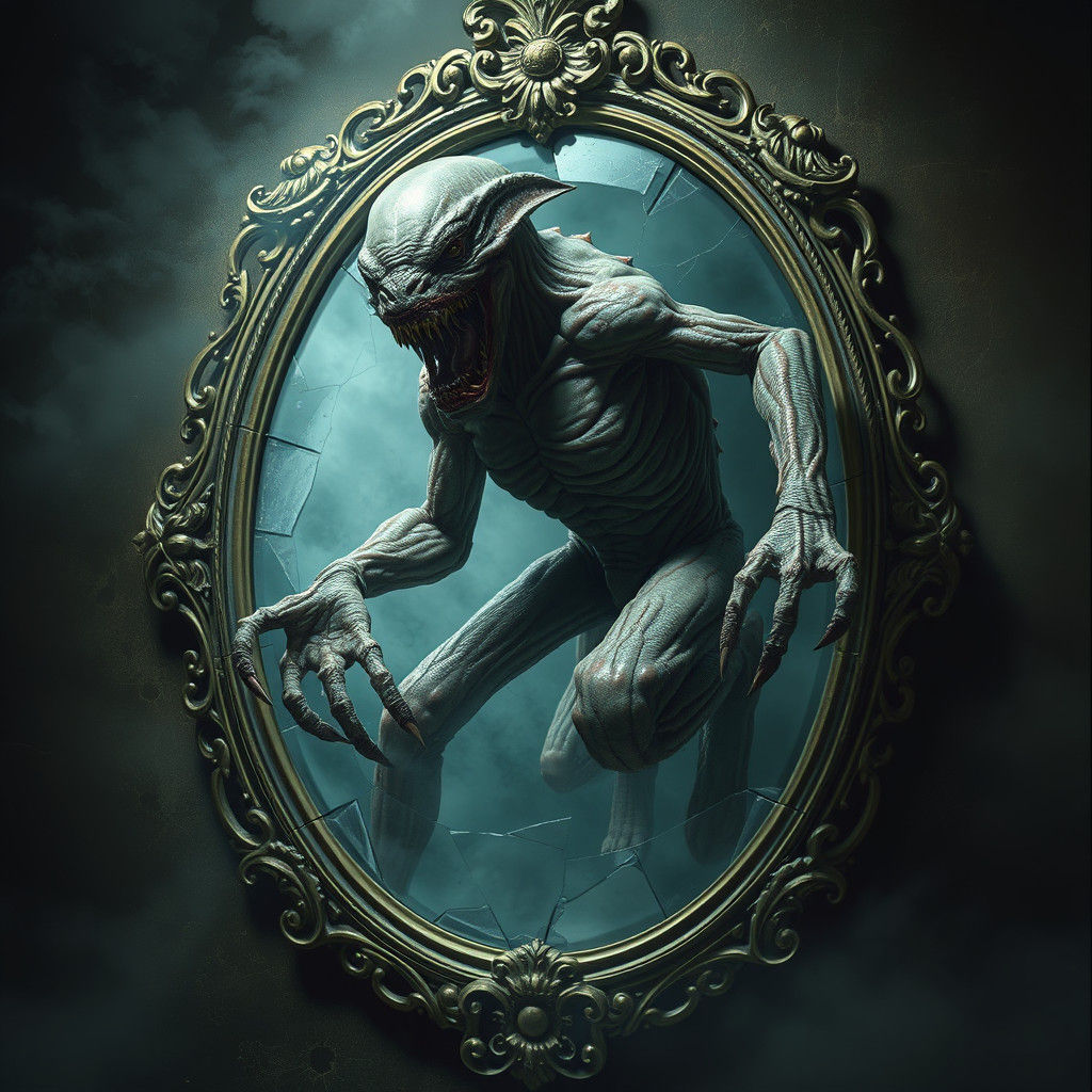 Humanoid Monster Emerges from Shattered Mirror