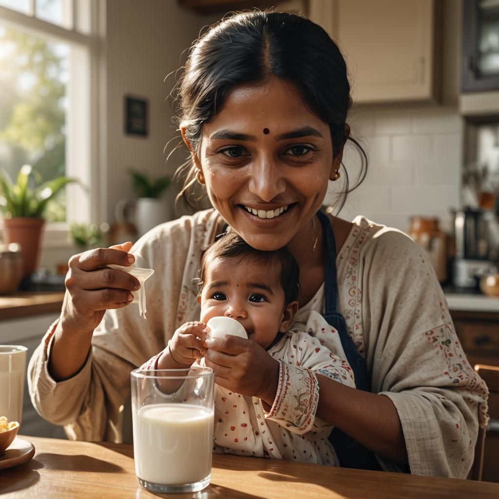 Indian Baby Girl Drinks Milk in Cozy Kitchen
