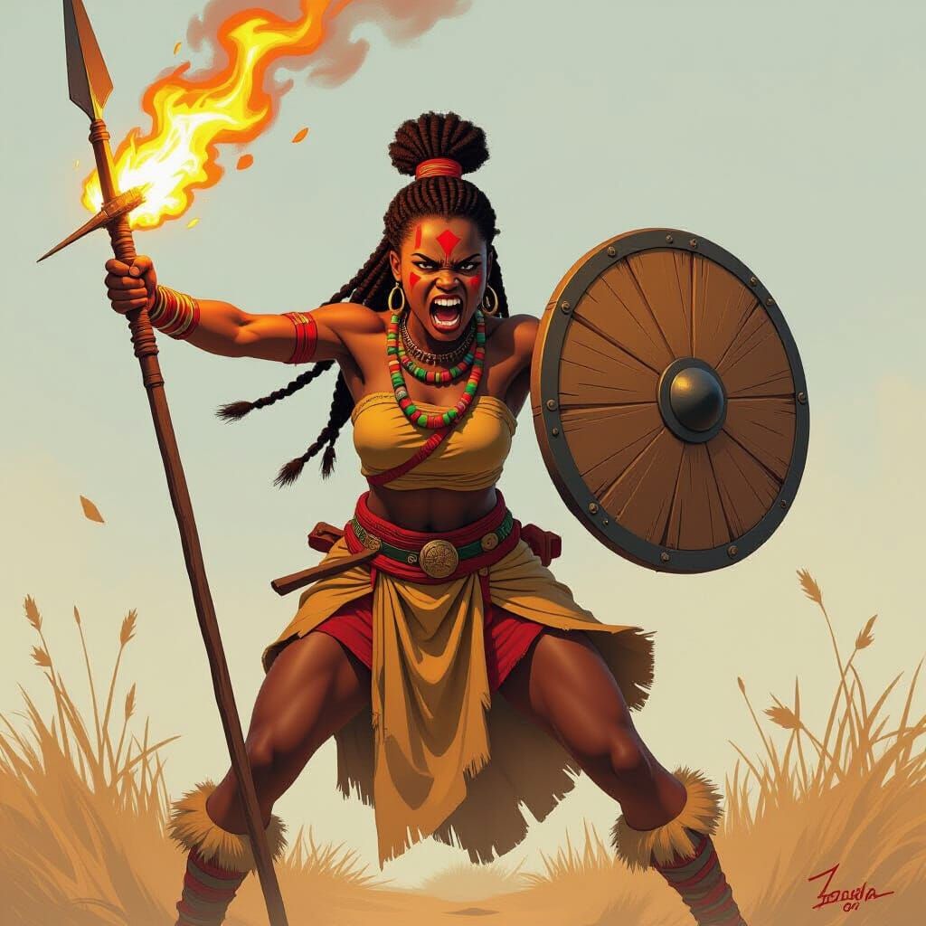 Fierce African Warrior Blocks Flaming Spear