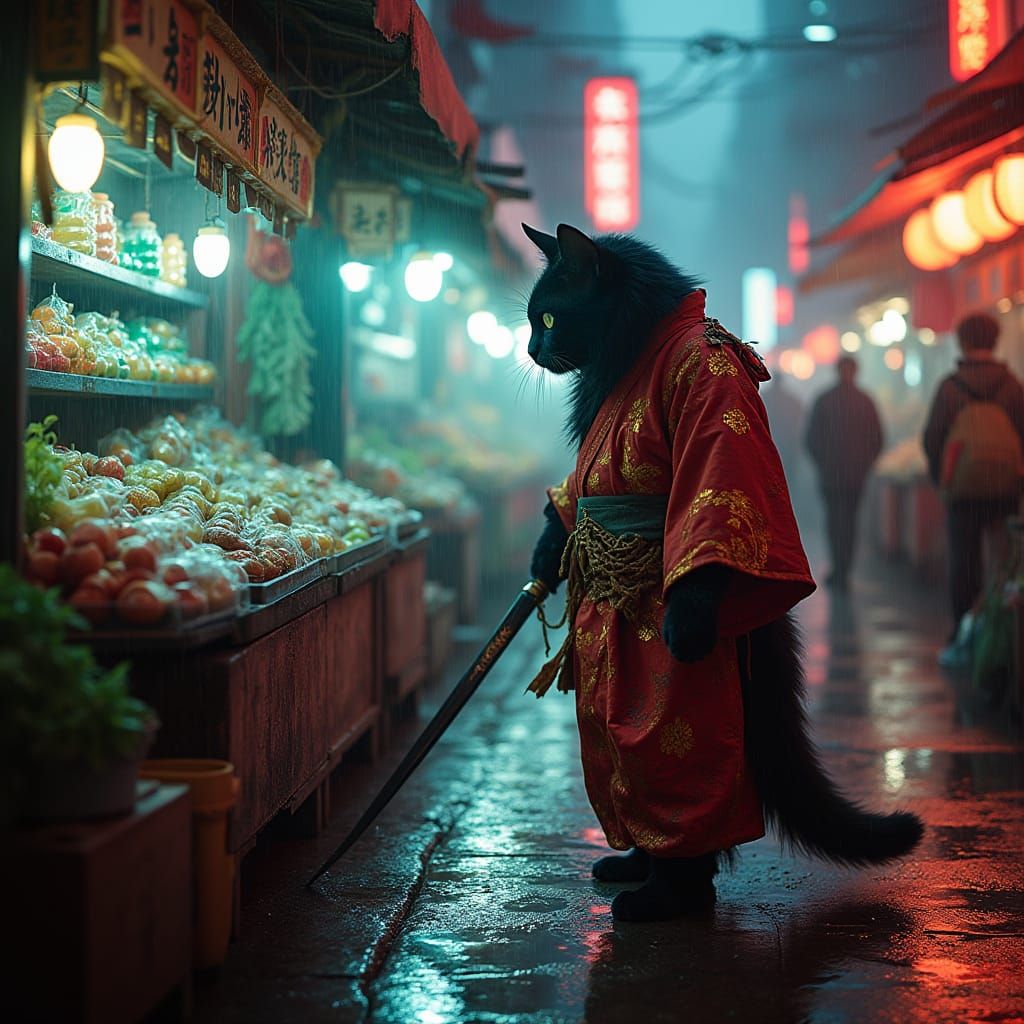 Cyberpunk Samurai Cat Examines Futuristic Market Stall