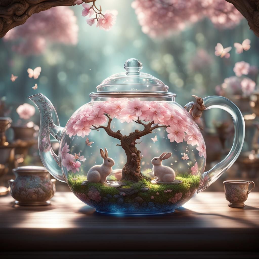 Sakura Garden in Glass Teapot: Detailed Matte Painting