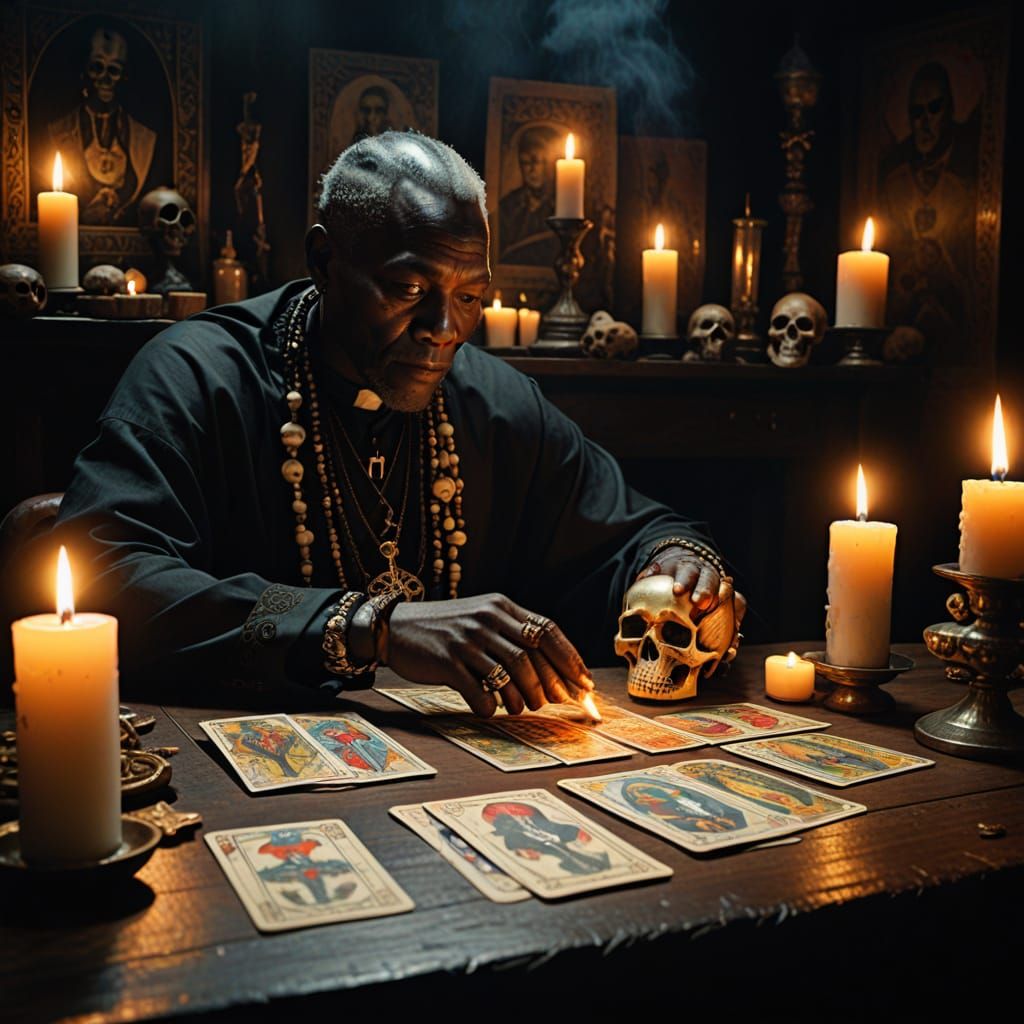 Voodoo Priest with Tarot Cards as Historical Oil Painting