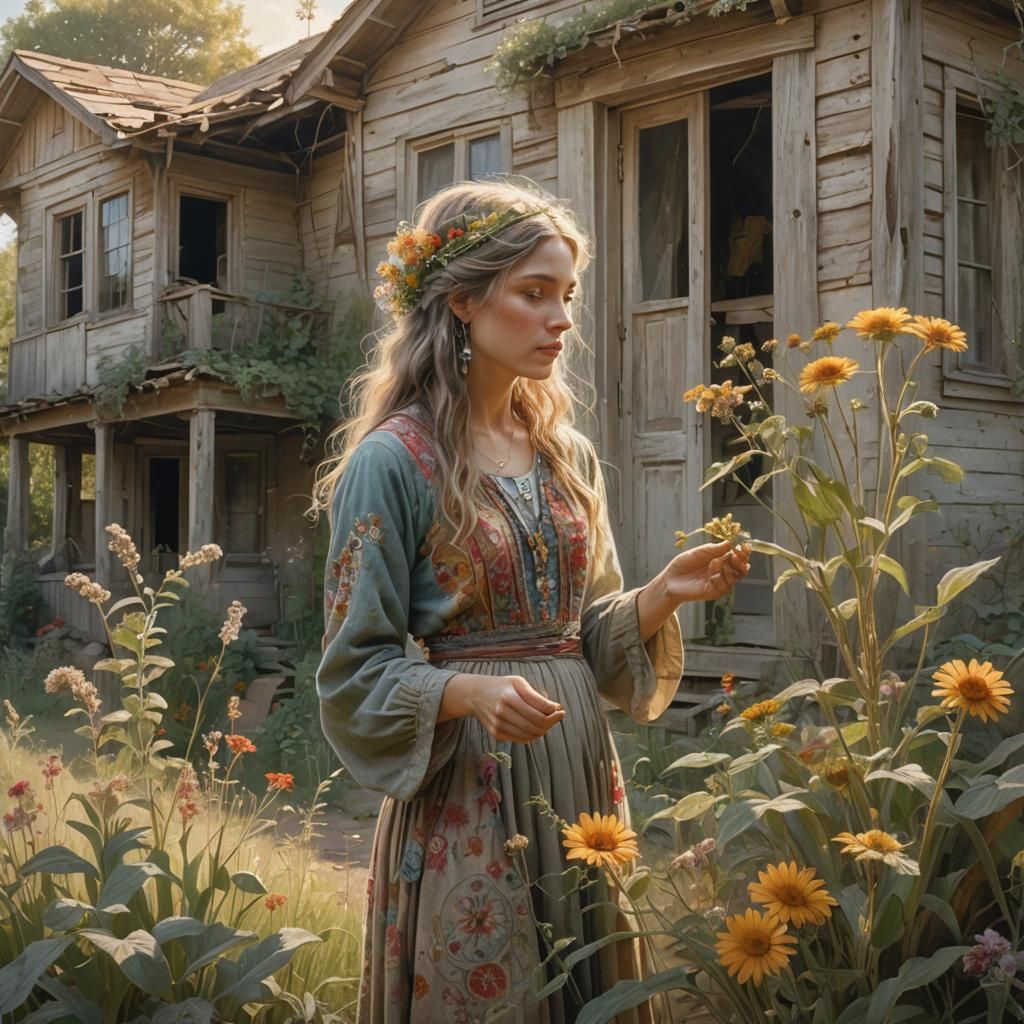 Bohemian Woman Picking Flowers in Silverpoint Art