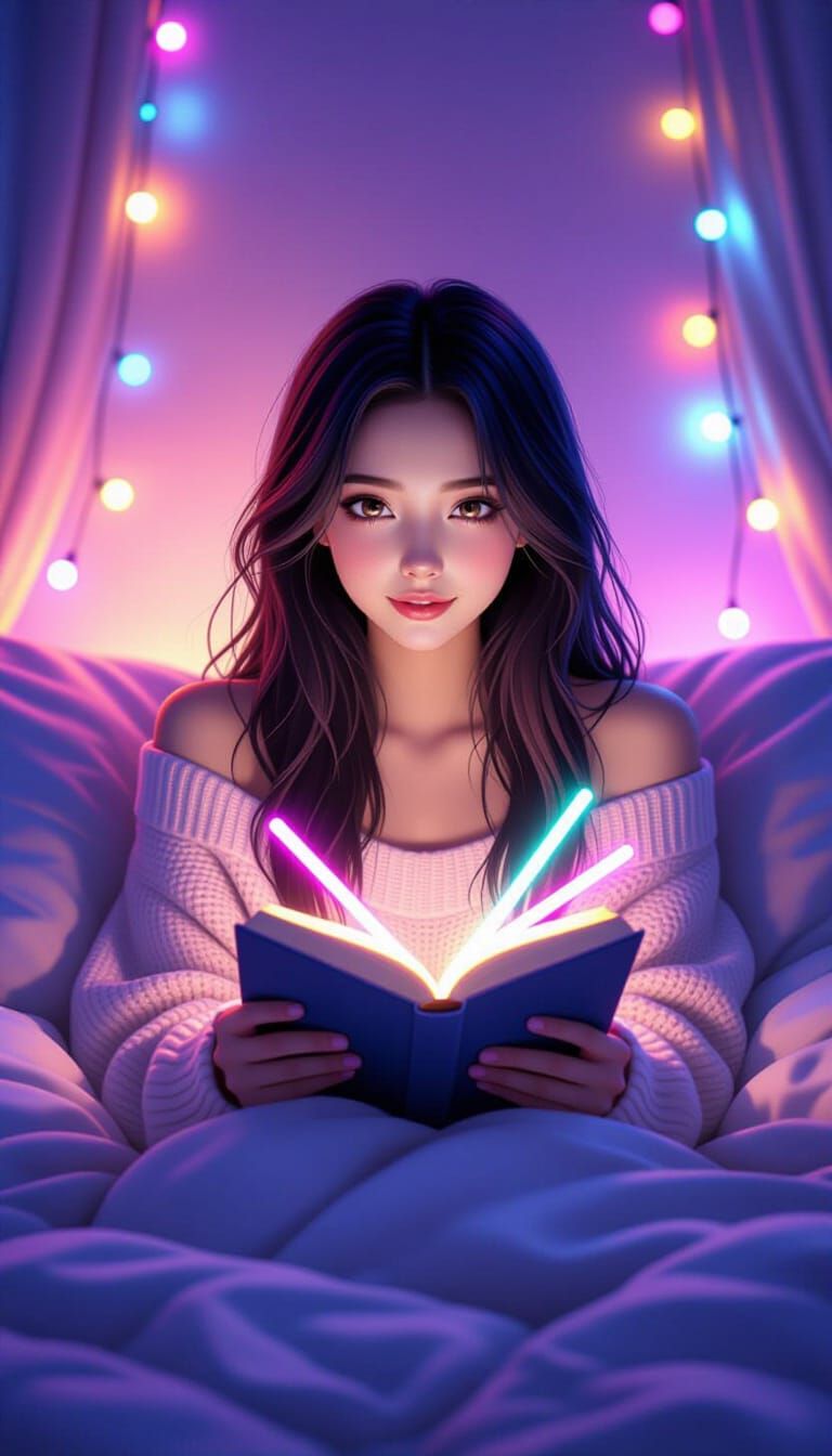 Dreamy Bookworm in Neon Anime Style