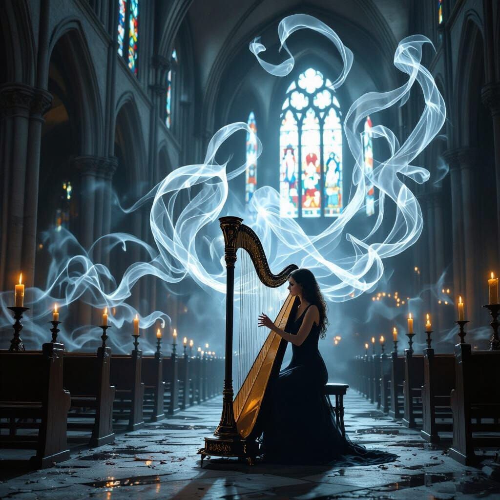 Moonlight Harpist in Ruined Cathedral