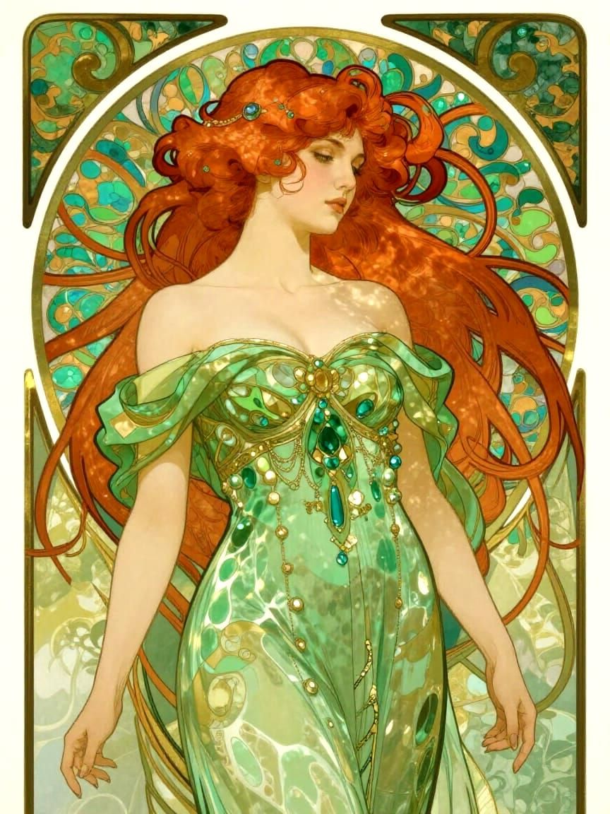 Art Nouveau Woman in Swirling Green Border