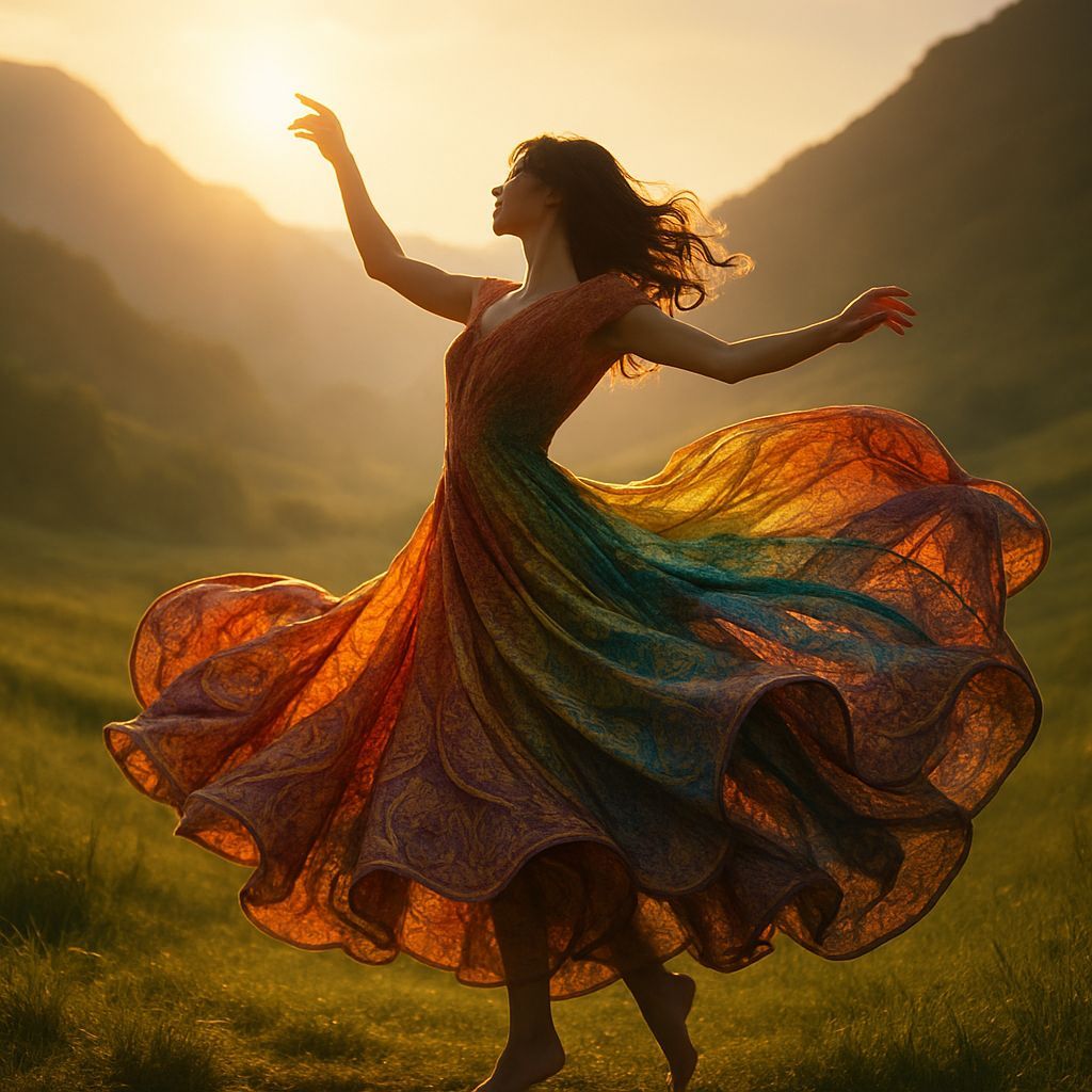 Rainbow Dress Dance in Golden Sunset: Hyperrealistic Photogr...