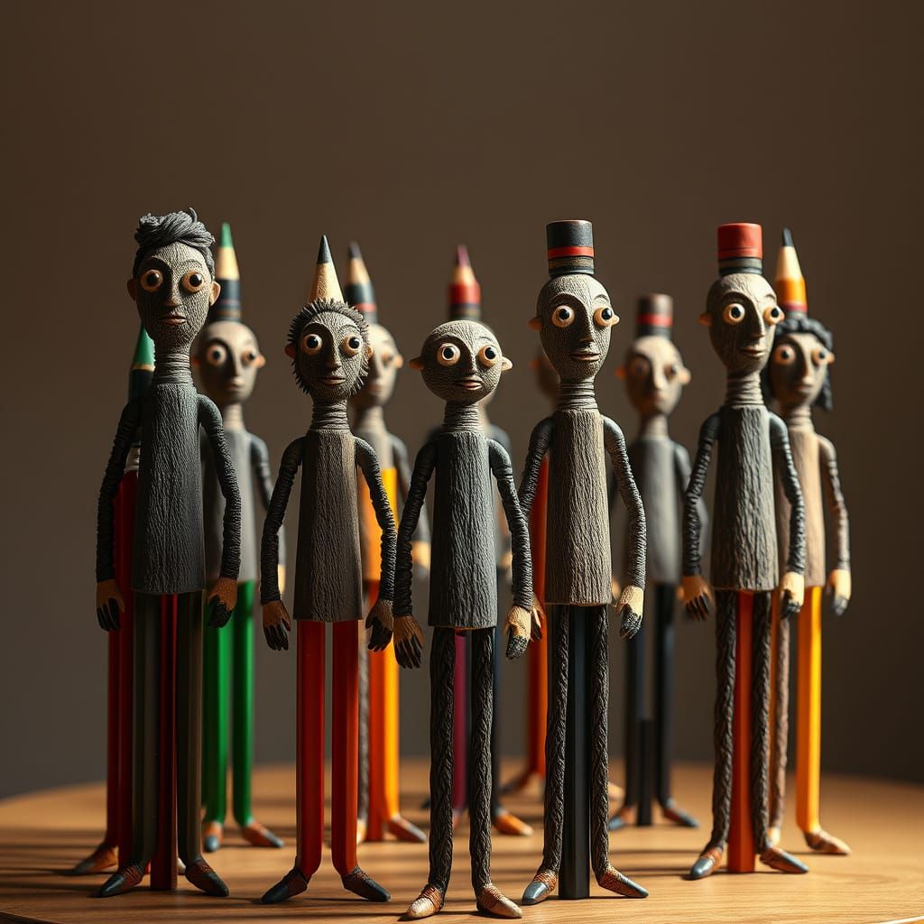 Whimsical Pencil People Sculpture in Surreal Style