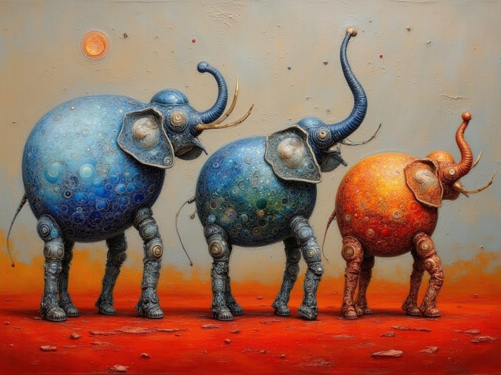 Dadaist Elephants on Spindly Legs in Surreal Landscape