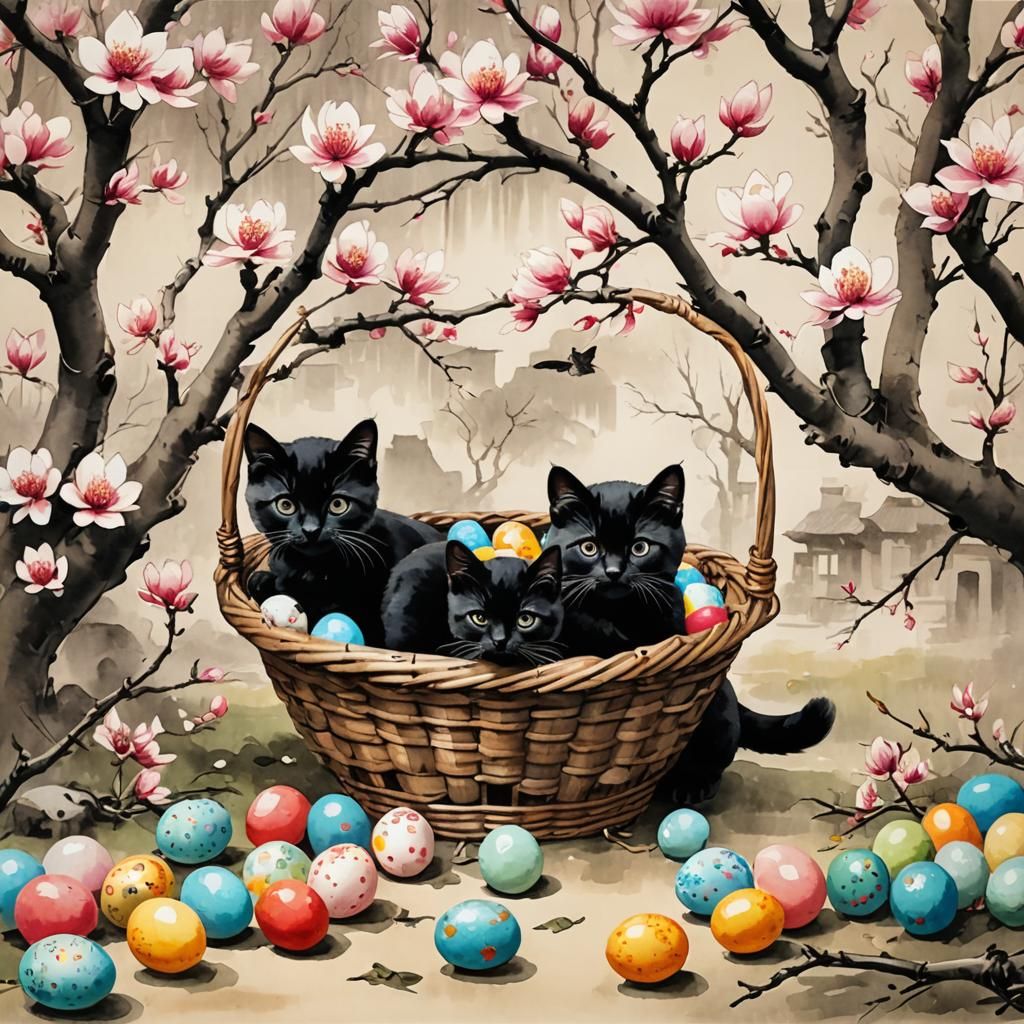 Kittens and Easter Eggs Under Magnolia Tree
