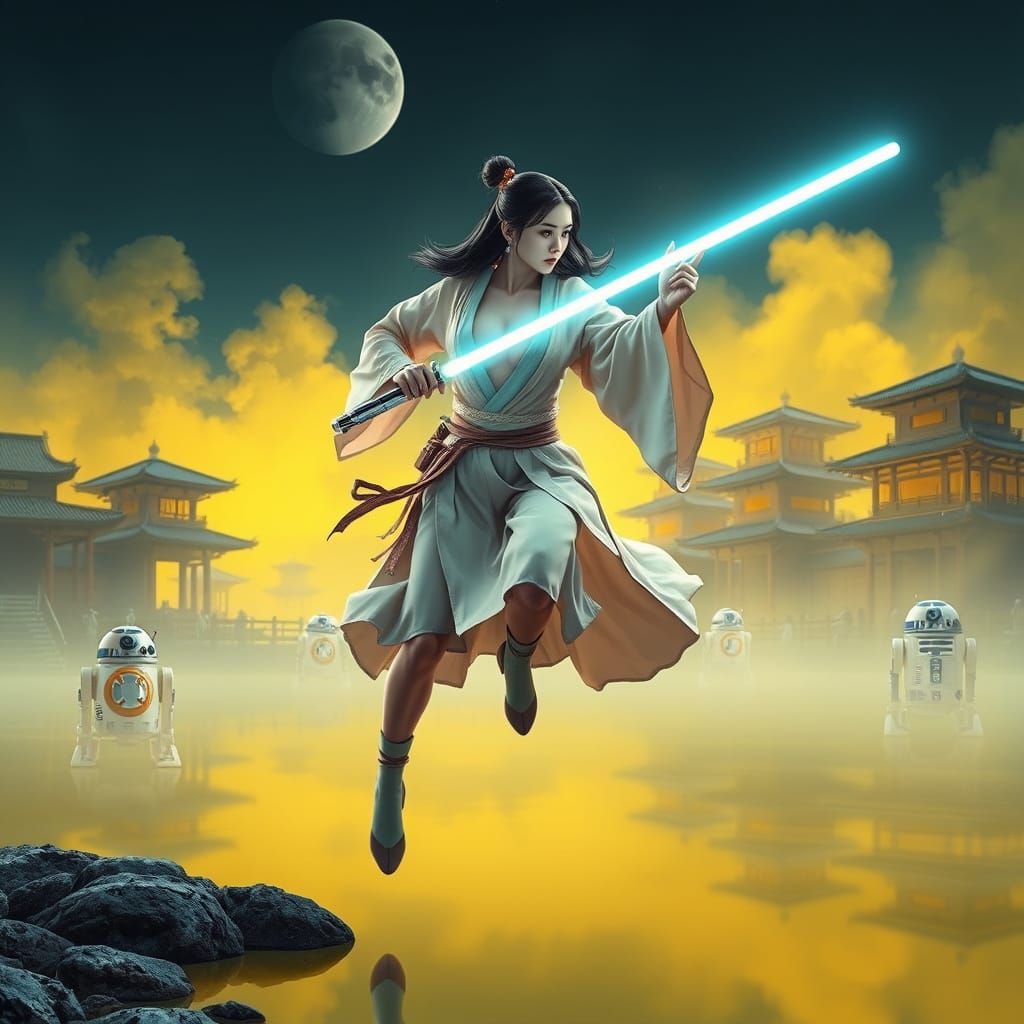 Woman Jedi Battles Robots in Edo Japan, Anime Style
