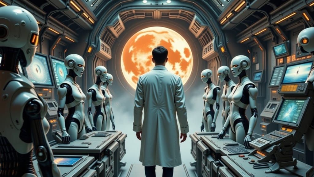 Scientist in Space Lab with Androids, Retro Sci-Fi Art