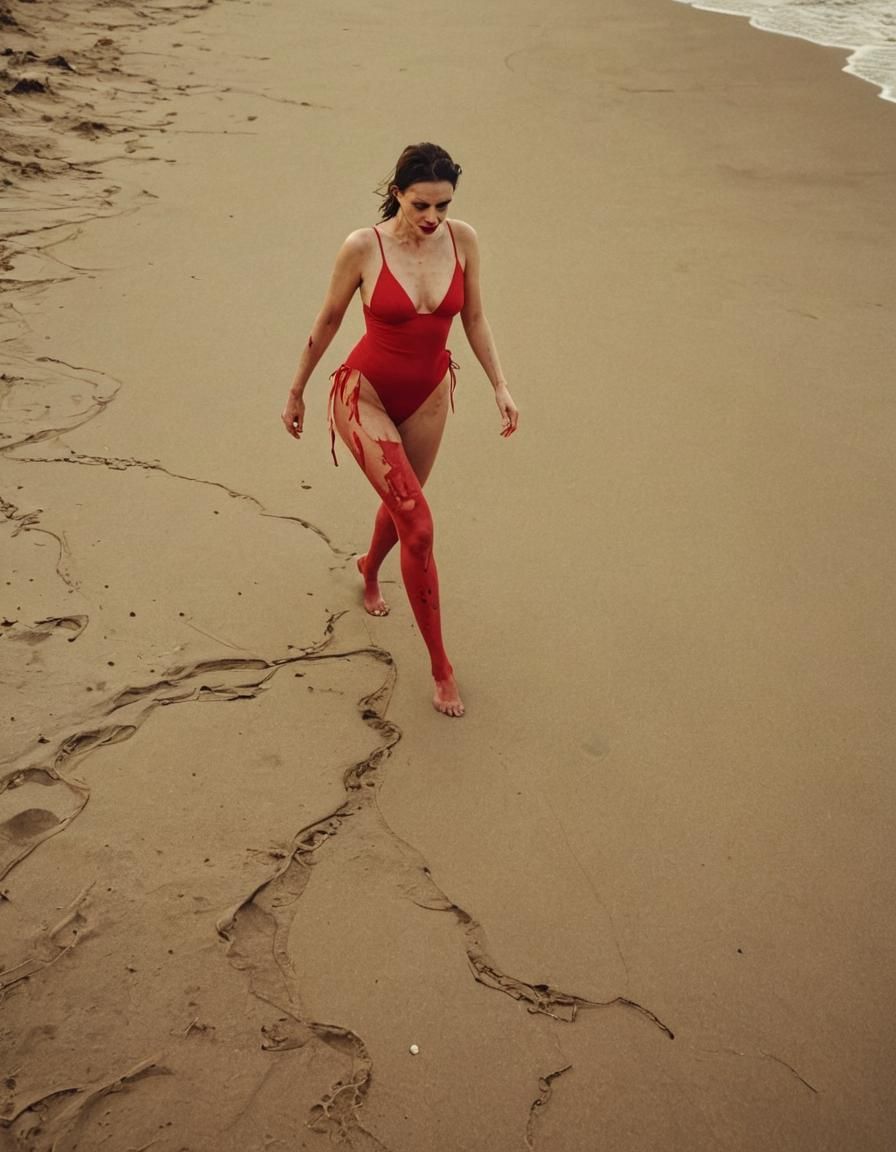 Zombie Senorita on a Desolate Beach in Noir Style