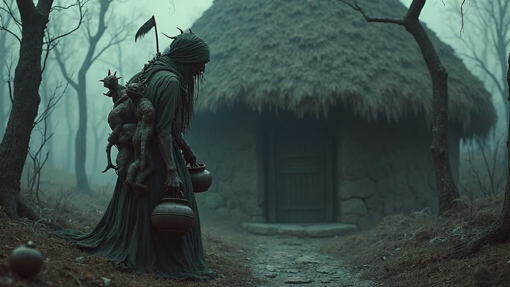 Bog Witch and Her Burden: A Dark Fantasy Scene