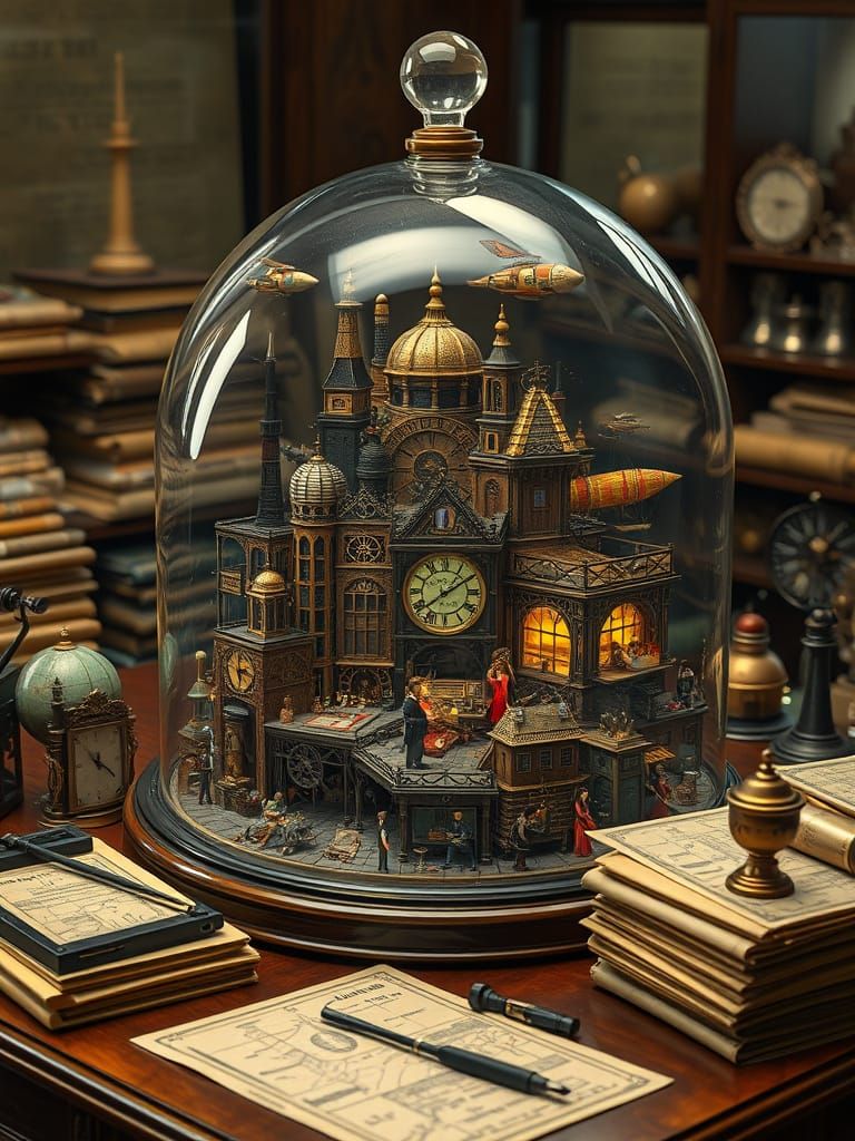 Miniature Steampunk City in Glass Dome, Art Nouveau