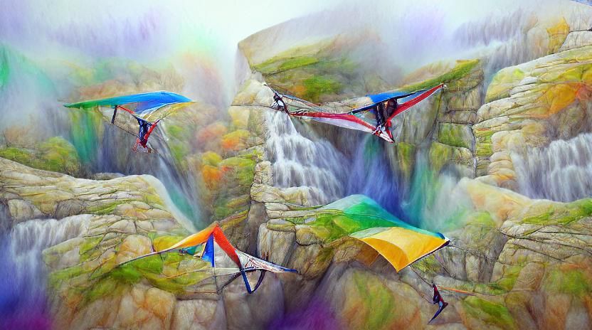 Hang Gliding Through Waterfalls in Watercolor Style