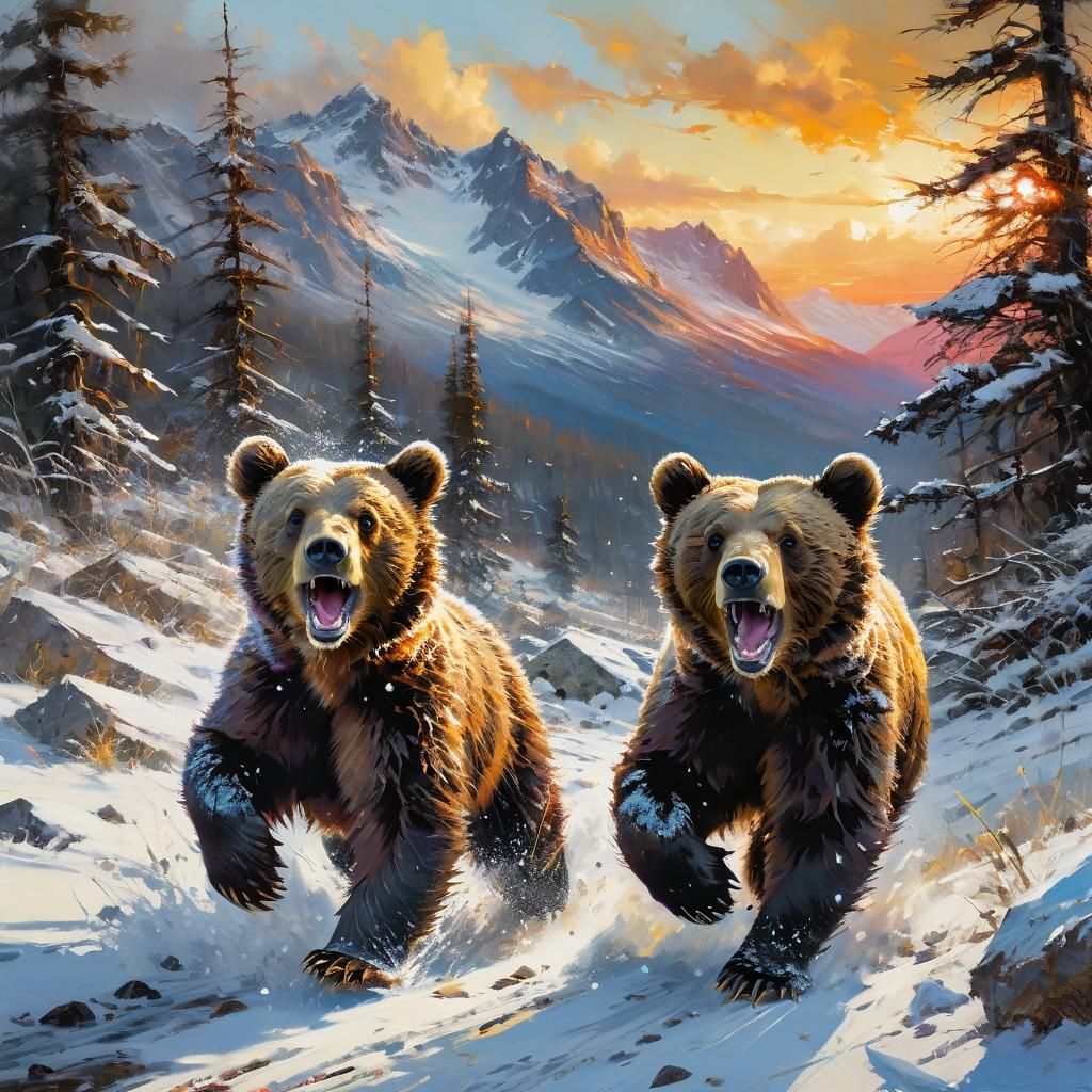 Bear Cubs Playing in Snowy Mountainside Painting