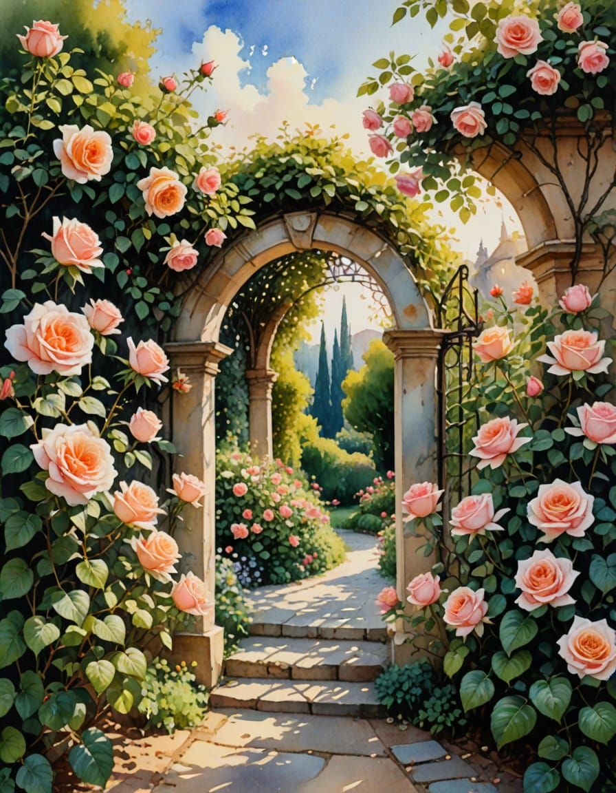 Garden Entrance with Roses Painted in Delicate Watercolor St...