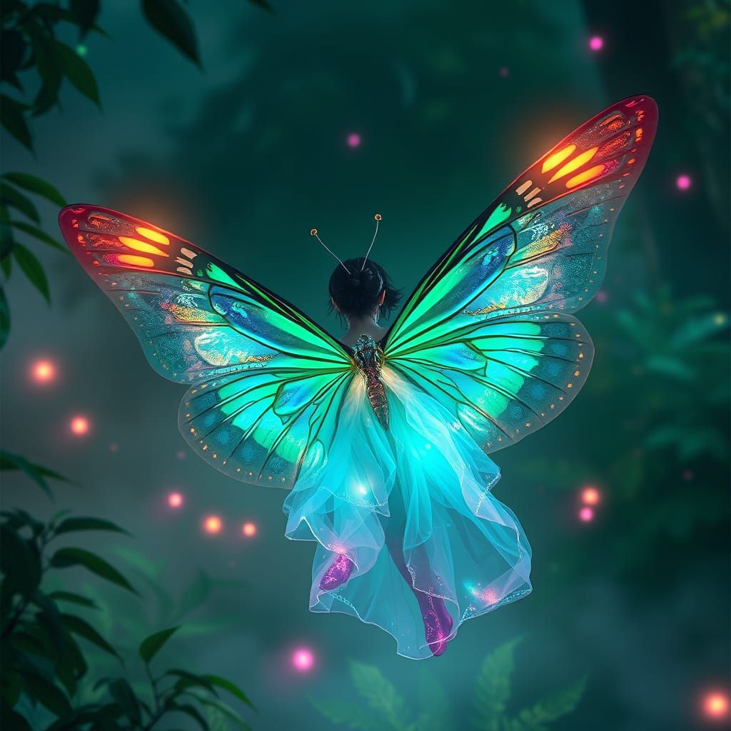 Bioluminescent femboybutterfly in flowing, iridescent garments, with intricate, glowing wing patterns, echoing Ash Thorp...