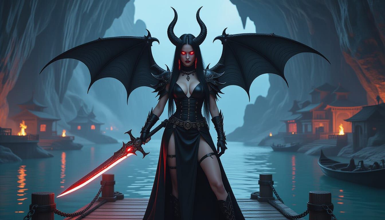 Gothic Woman with Bat Wings and Laser Sword in Cyberpunk Cav...