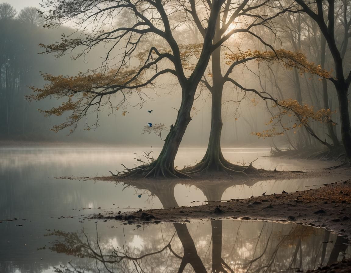 Magical Bird Flies Over Misty Forest Lake