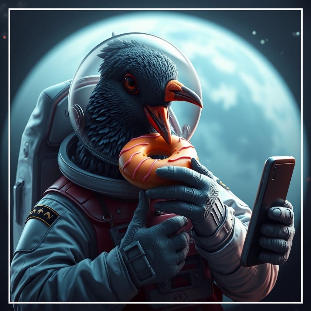 A Pigeon Astronaut Savors a Donut in a Vibrant, Fantastical...