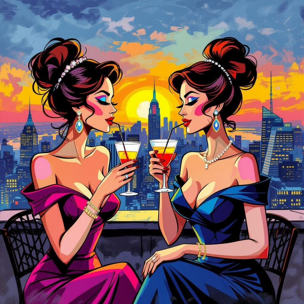 Pop Art: Ladies Enjoying Cocktails on Rooftop