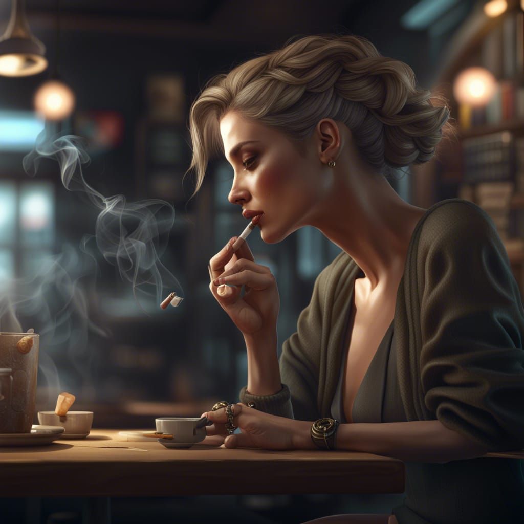 Trendy Woman Smoking Cigar: Cinematic Fantasy Art