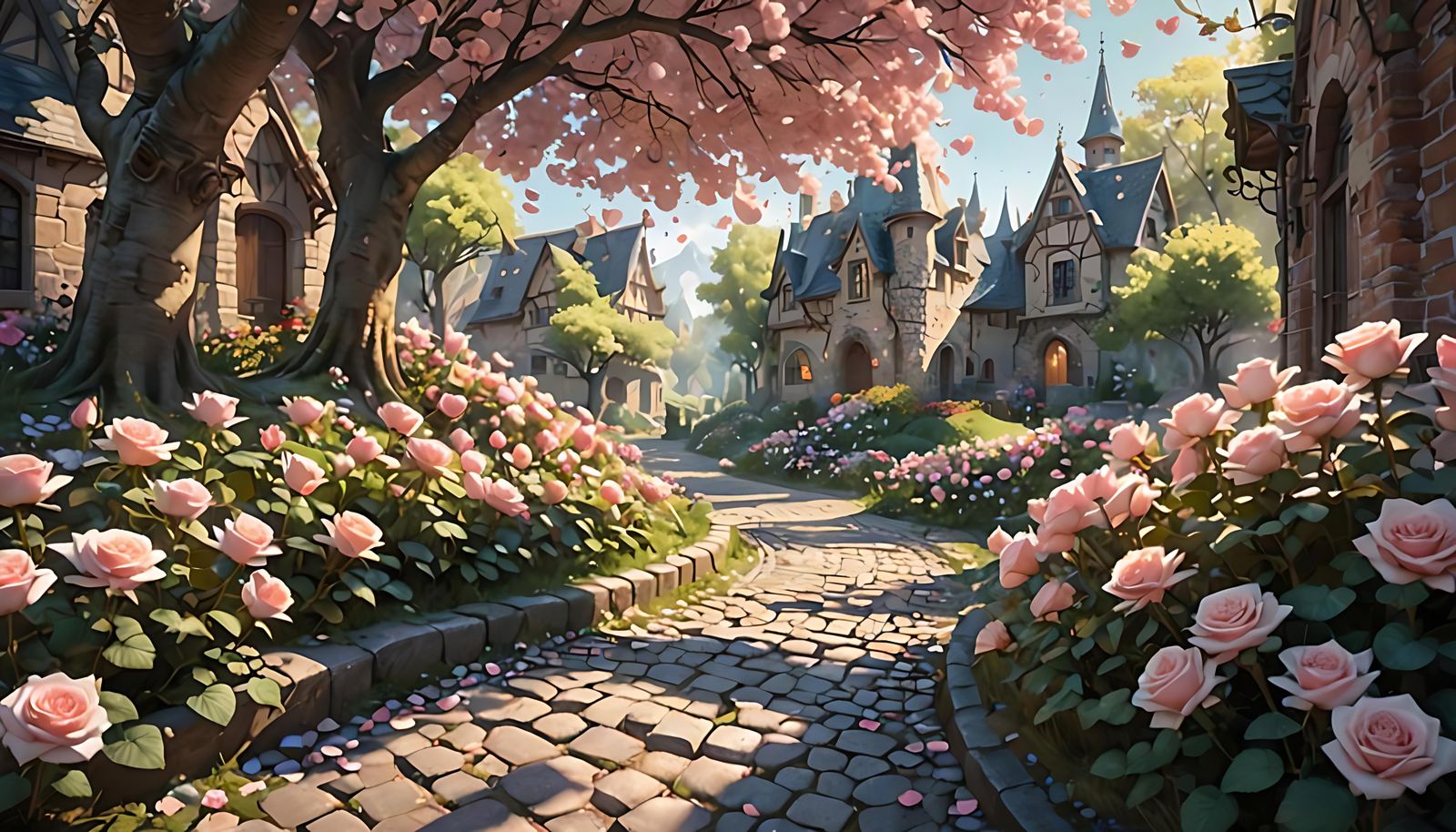 Enchanting Spring Landscape with Roses and Fairy Dust