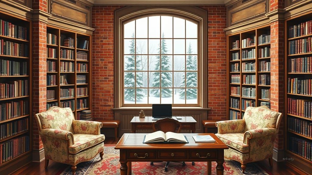 Victorian Library with Bay Window and Snowscape