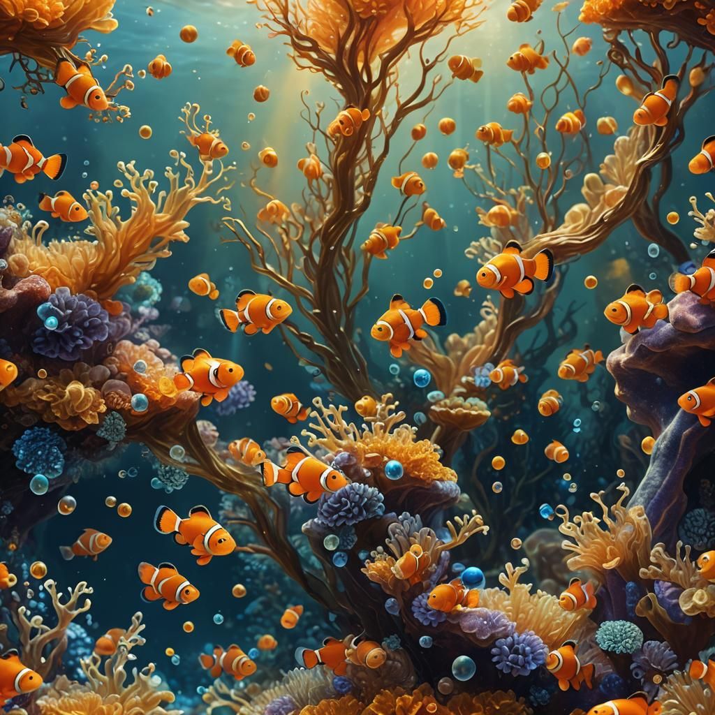 Clownfish in Amber Aquarium: Digital Matte Painting
