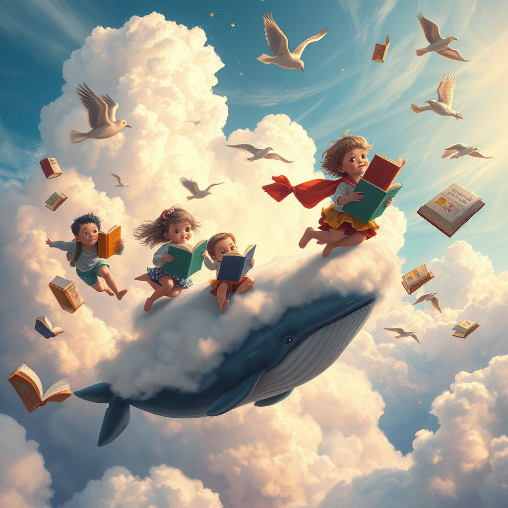 Whimsical Children's Fantasy Art with Flying Books