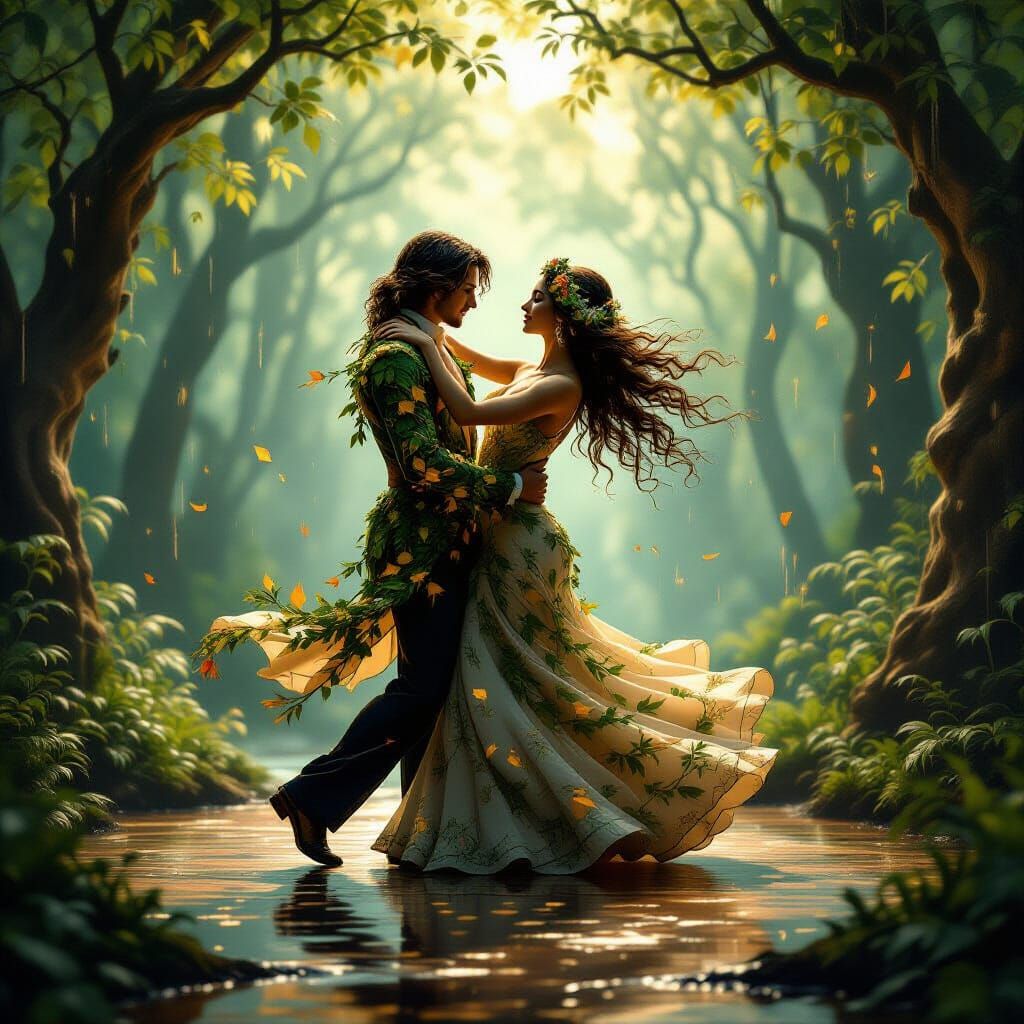 Foliage Couple Dancing in Enchanted Twilight Forest