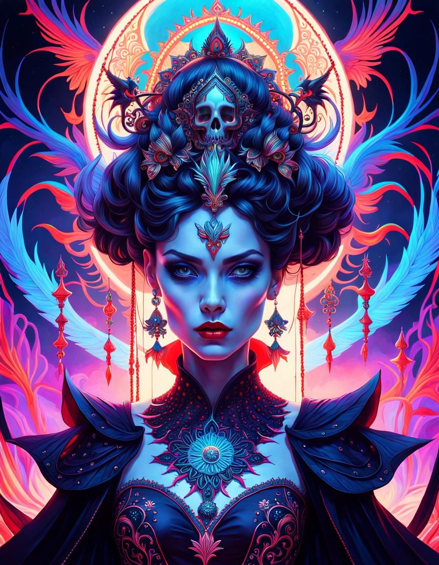 Terrifying Vampire Queen in Psychedelic Bioluminescent Art