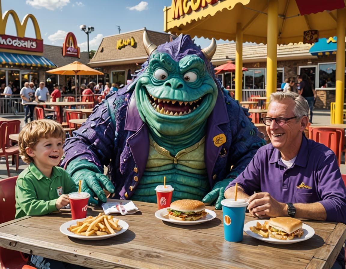 The Mayor of Lidsville having lunch with Sgmund the Seamonster at a McDonald's Playland with Grimace playing in the back...