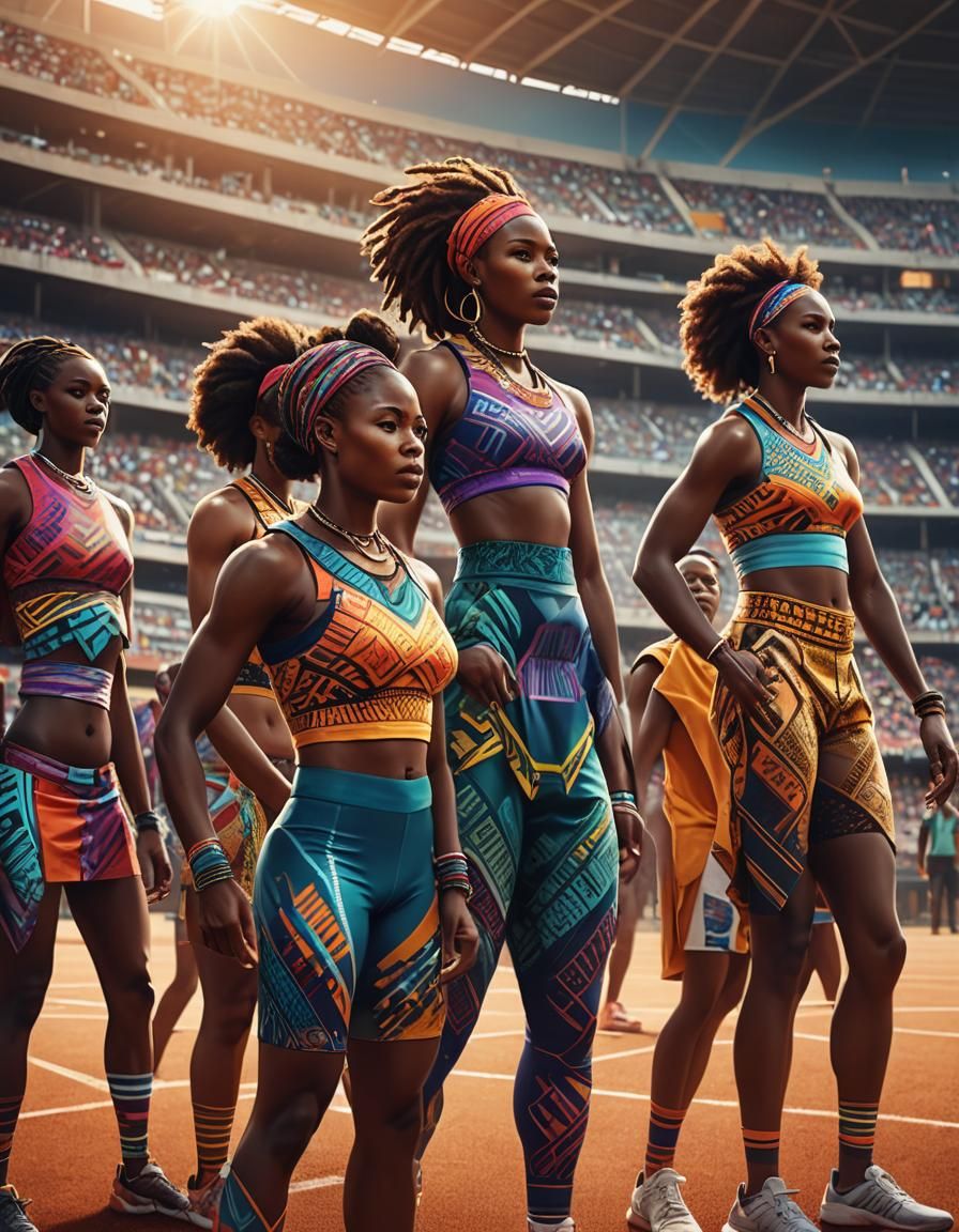 African Women's Team in Vibrant Afrofuturist Stadium