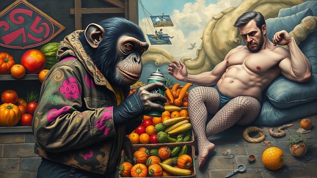 Surrealist Chimpanzee in a Fantastical Market Scene