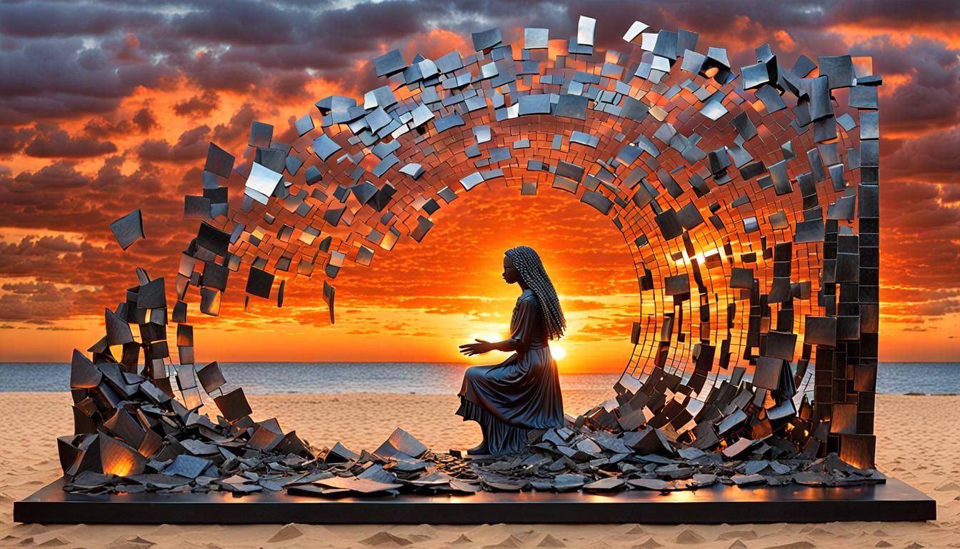 Surreal Fragmented Sculpture of Woman at Sunset