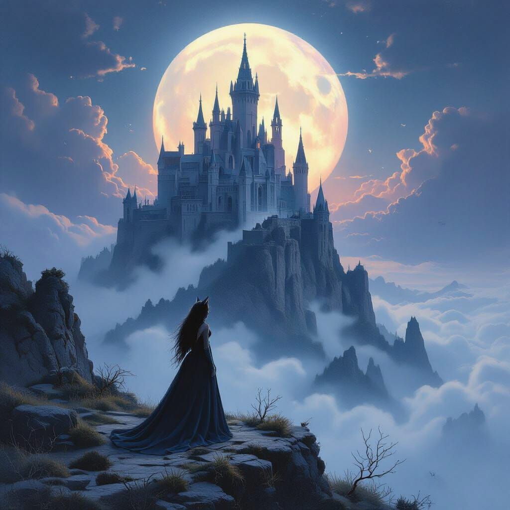 Surreal Ethereal Castle with Half-Woman, Half-Wolf Creature