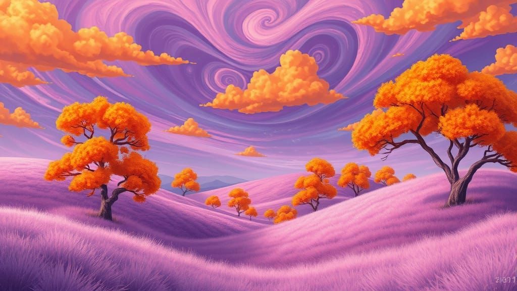Whimsical Dreamscape in Lavender and Orange