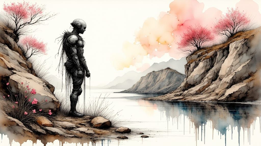 Cyborg Contemplates Nature in Watercolour Landscape