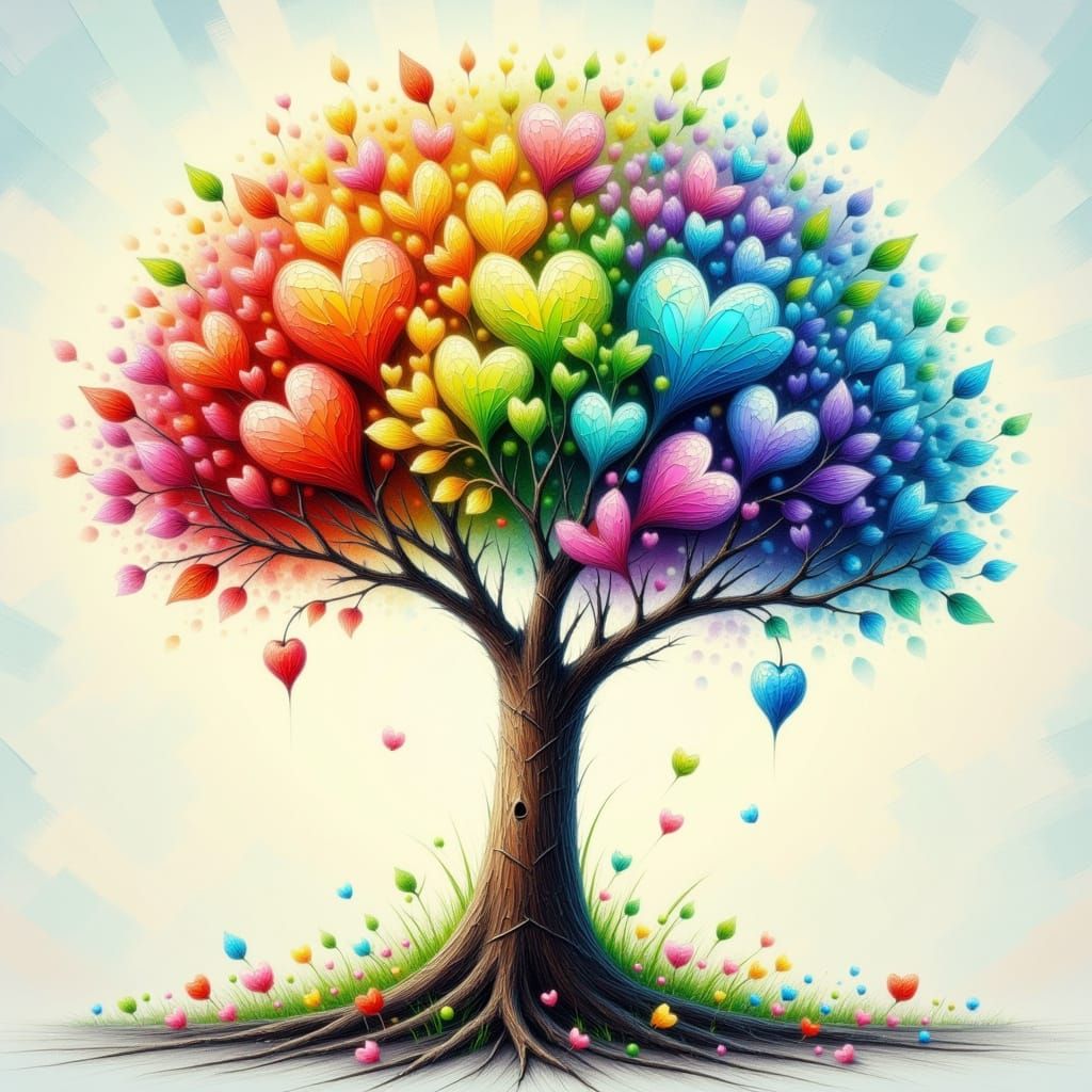 Chibi Tree of Life with Rainbow Heart Leaves