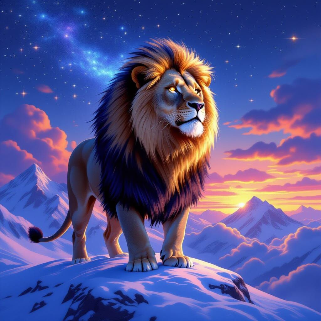 Starlight Lion on Mountain in Digital Painting Style