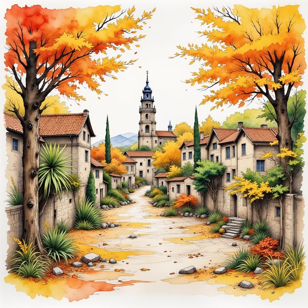 Autumn in Spain: Watercolor Fantasy Landscape