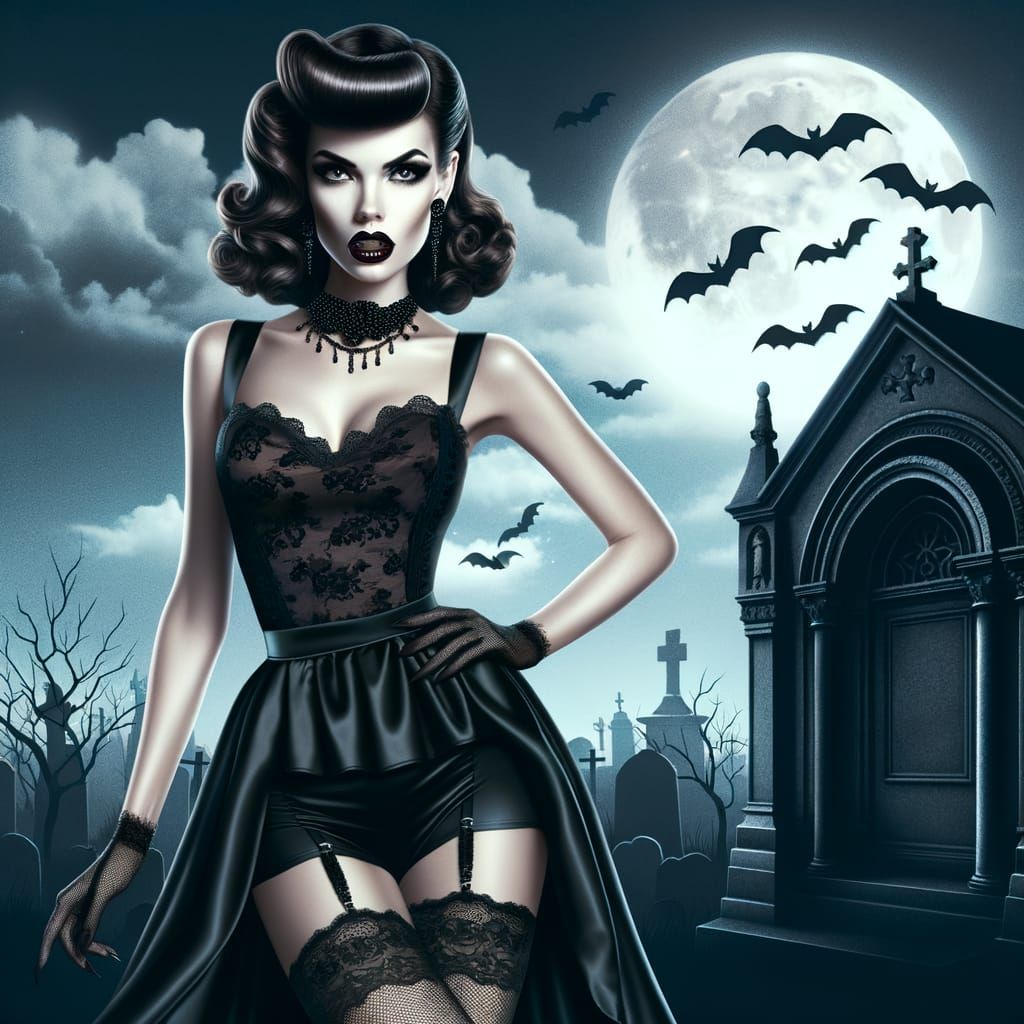 Gothic Vampire Pinup in Black Satin and Lace
