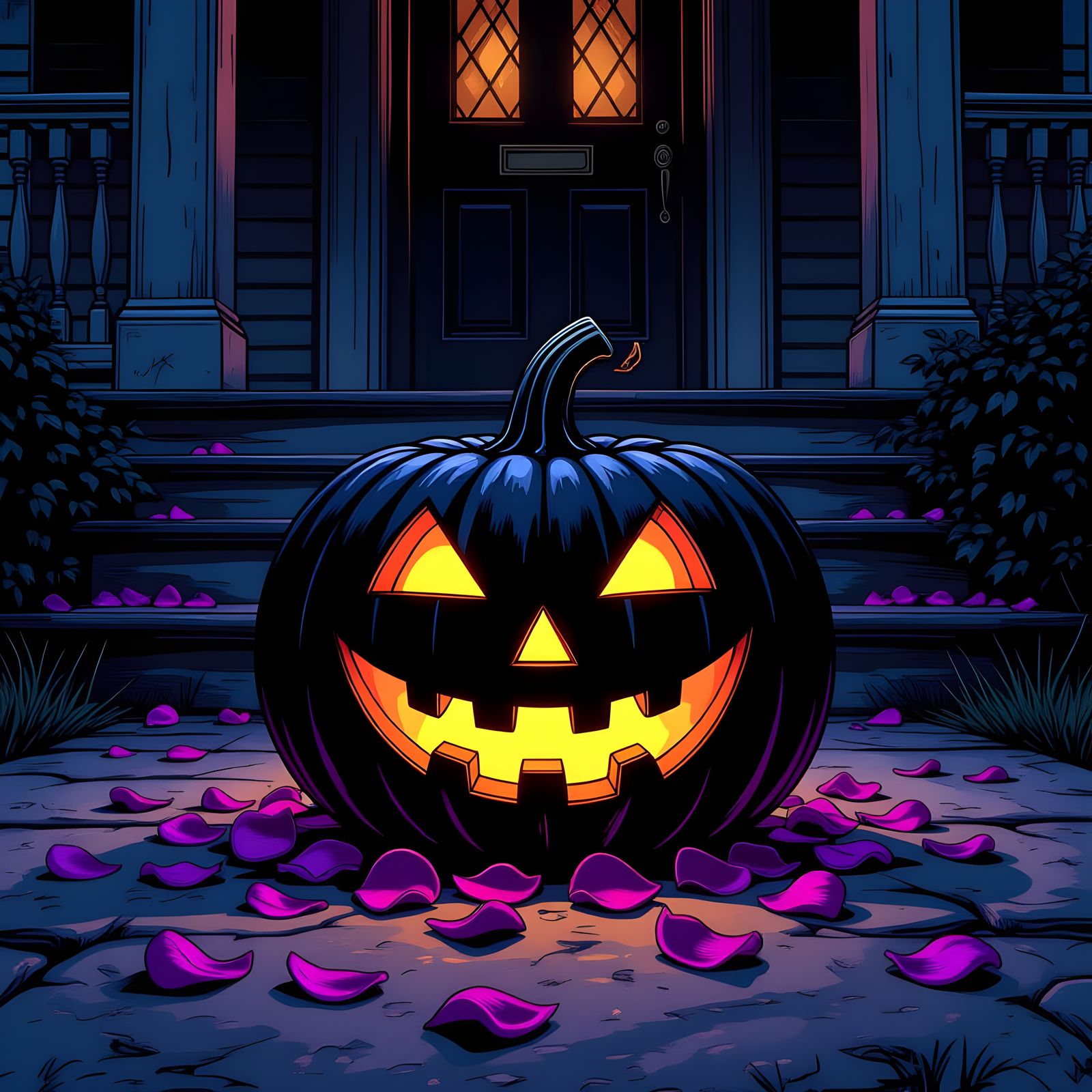 Illuminated Black Pumpkin at Haunted Mansion, Comic Book Sty...