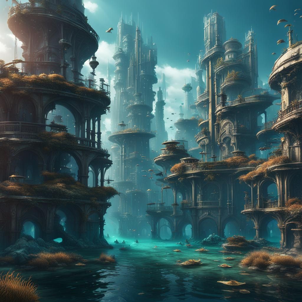 Dystopian Underwater City in Detailed Matte Painting Style